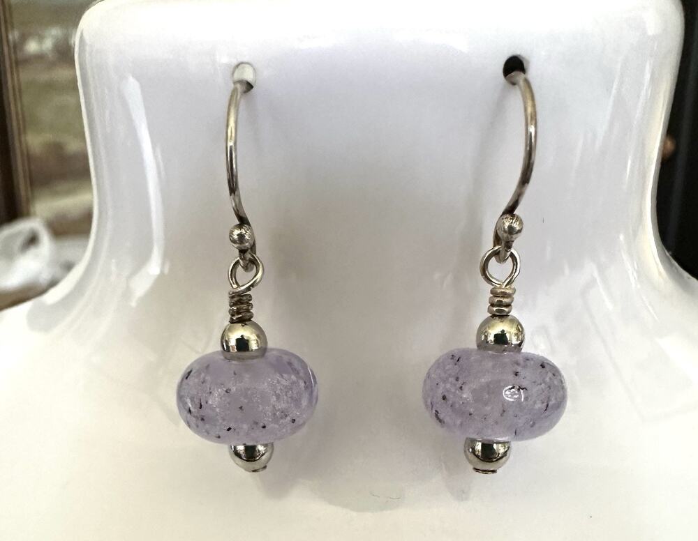 Silver 925 Shimmery Lavender Lamp Work Glass Bead Dangle Ornament Earrings